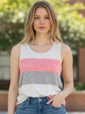 Market & Spruce Striped Tank Top in Coral, Gray & White